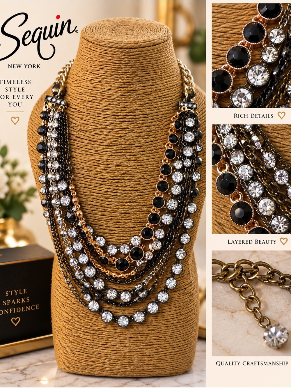 Multi-Strand Black & Clear Crystal Necklace